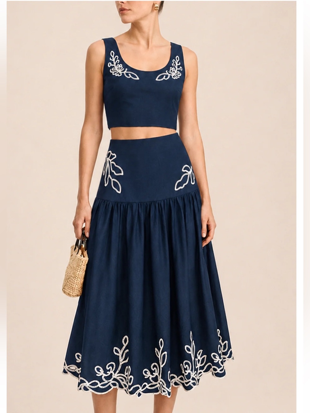 Commense Navy Embroidered Midi Skirt Set - Women's Medium